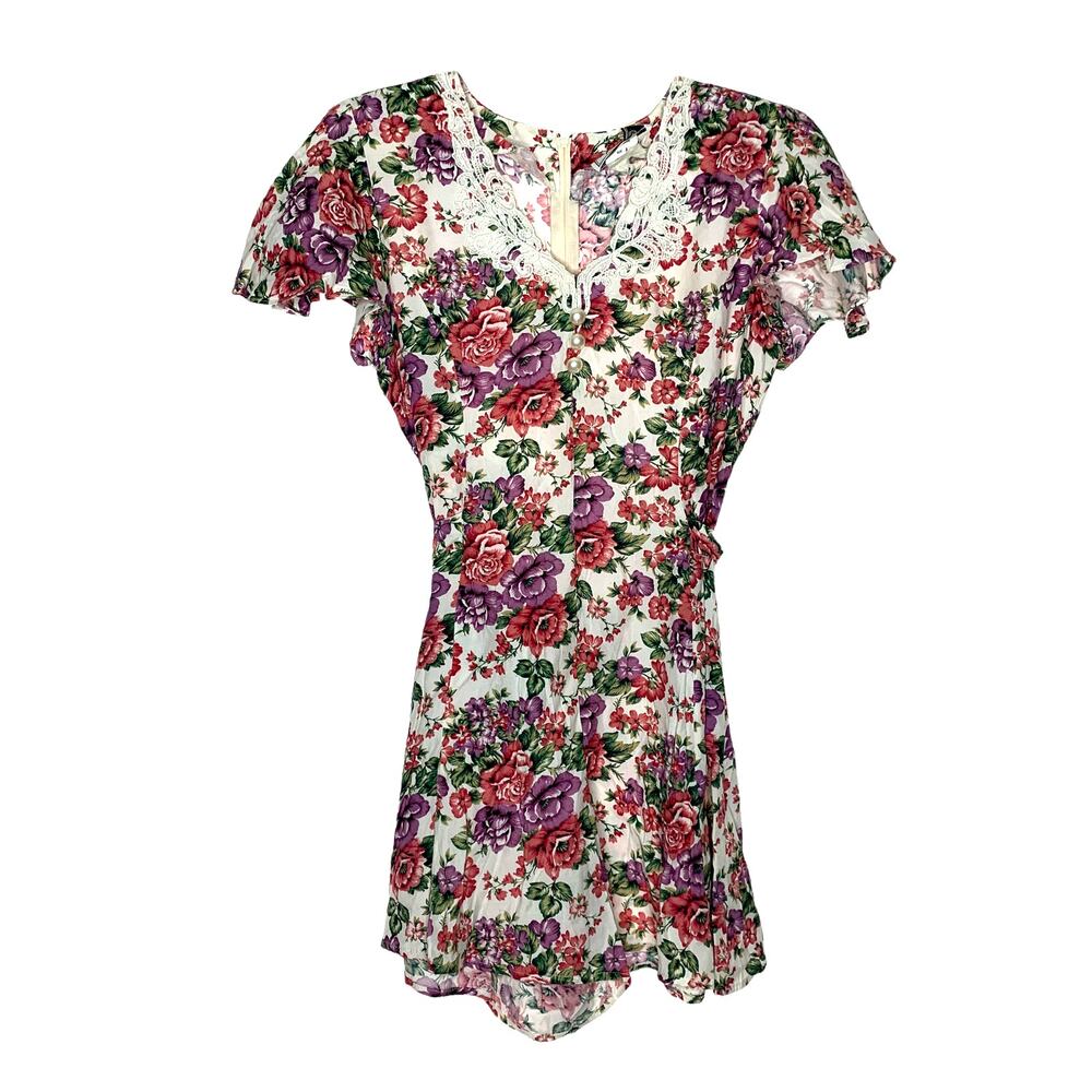 Vintage D.B.Y. Floral Romper Cottage Core Short Sleeve Crochet Detail Size 3